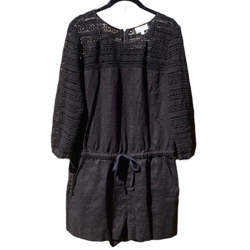Lou and Grey Romper Womens 6 Black Linen Crochet Lace Elastic Drawstring Waist